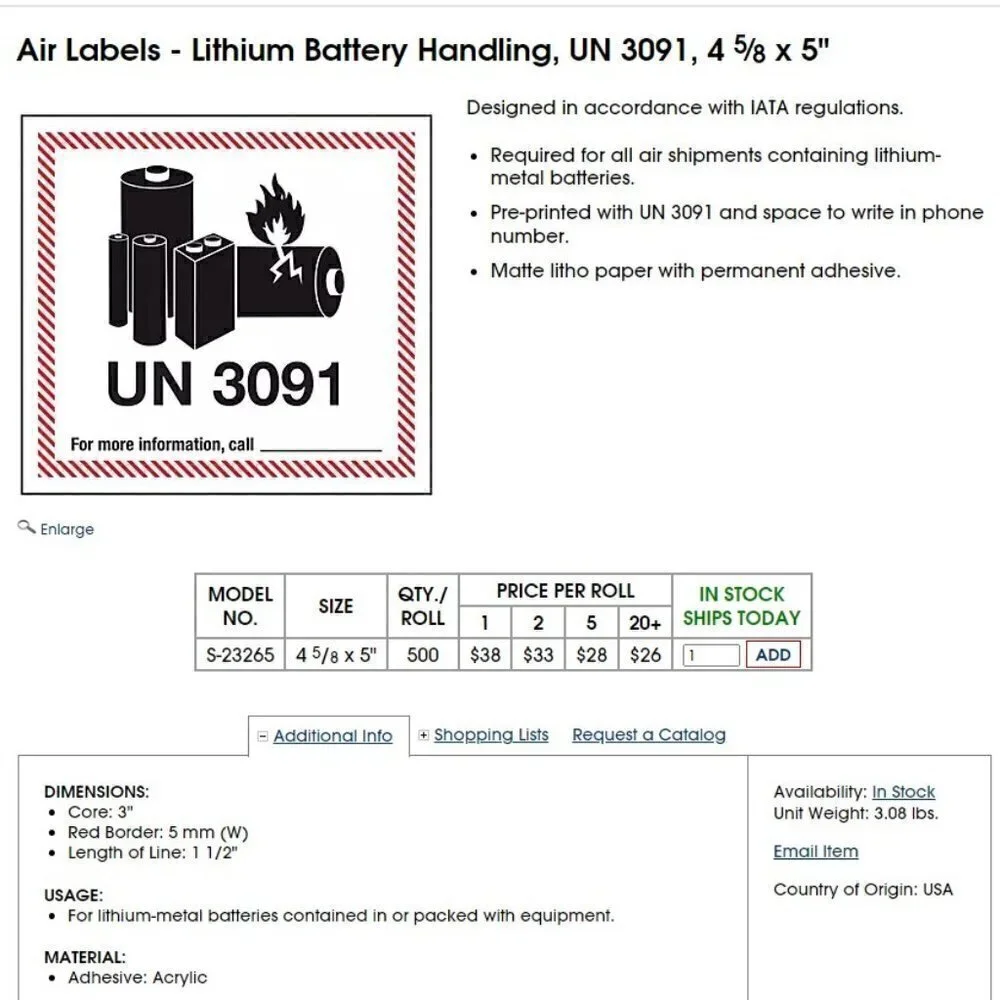 BATTERY shipping labels